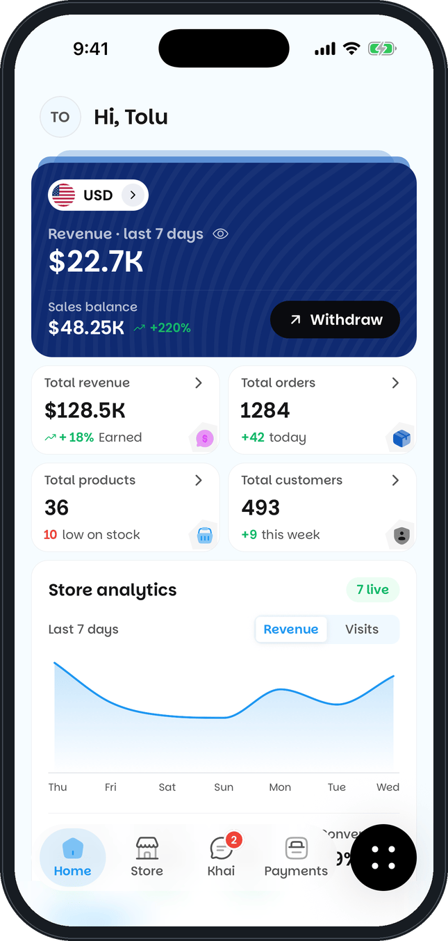 Khaime app home screen: revenue for the last 7 days, sales balance, a Withdraw button and store analytics