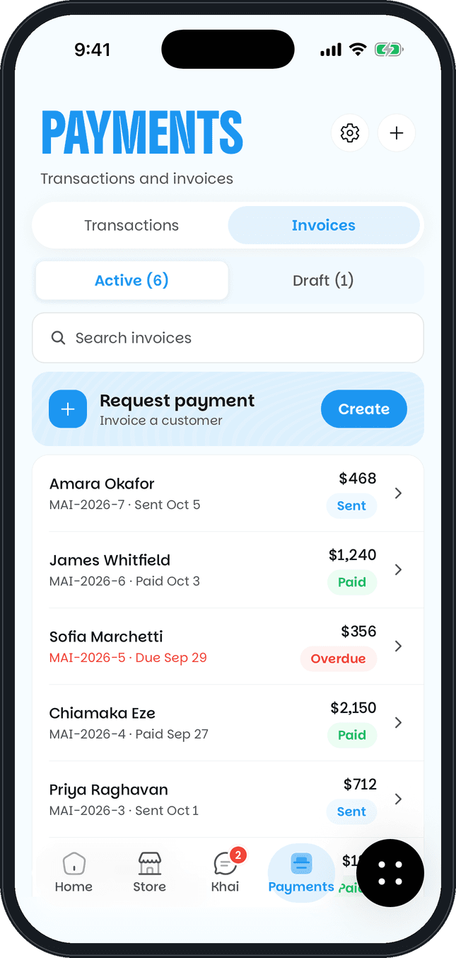 The Khaime app's Payments screen with a Request payment button and paid, sent and overdue invoices