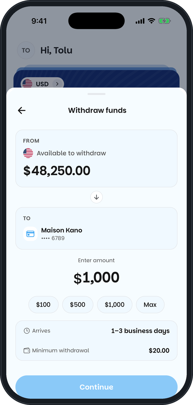 Khaime app withdrawal screen moving $1,000 from the wallet to a bank account