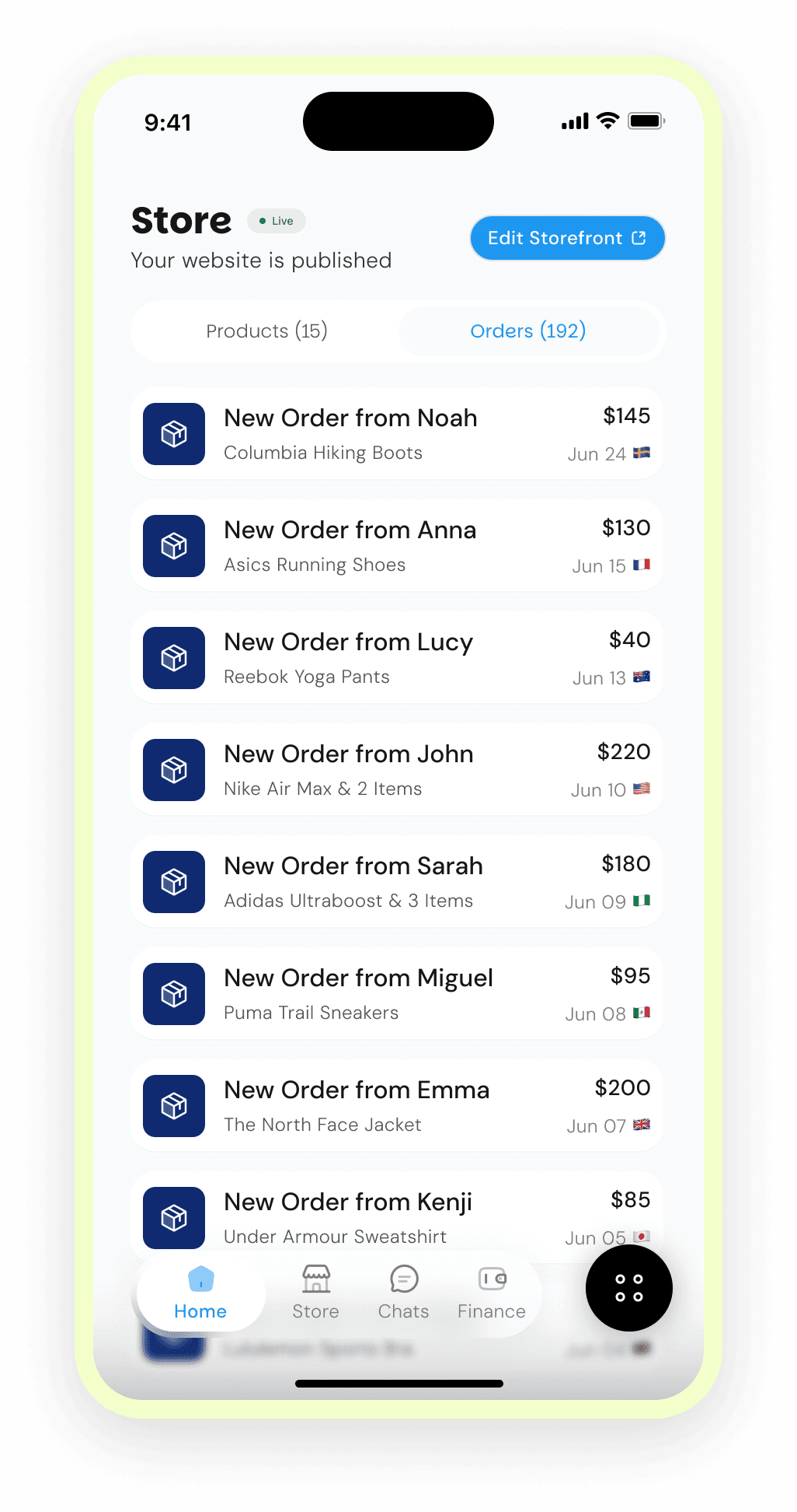 Khaime store orders screen