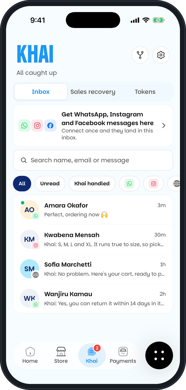 Khai inbox with WhatsApp, Instagram and website chats