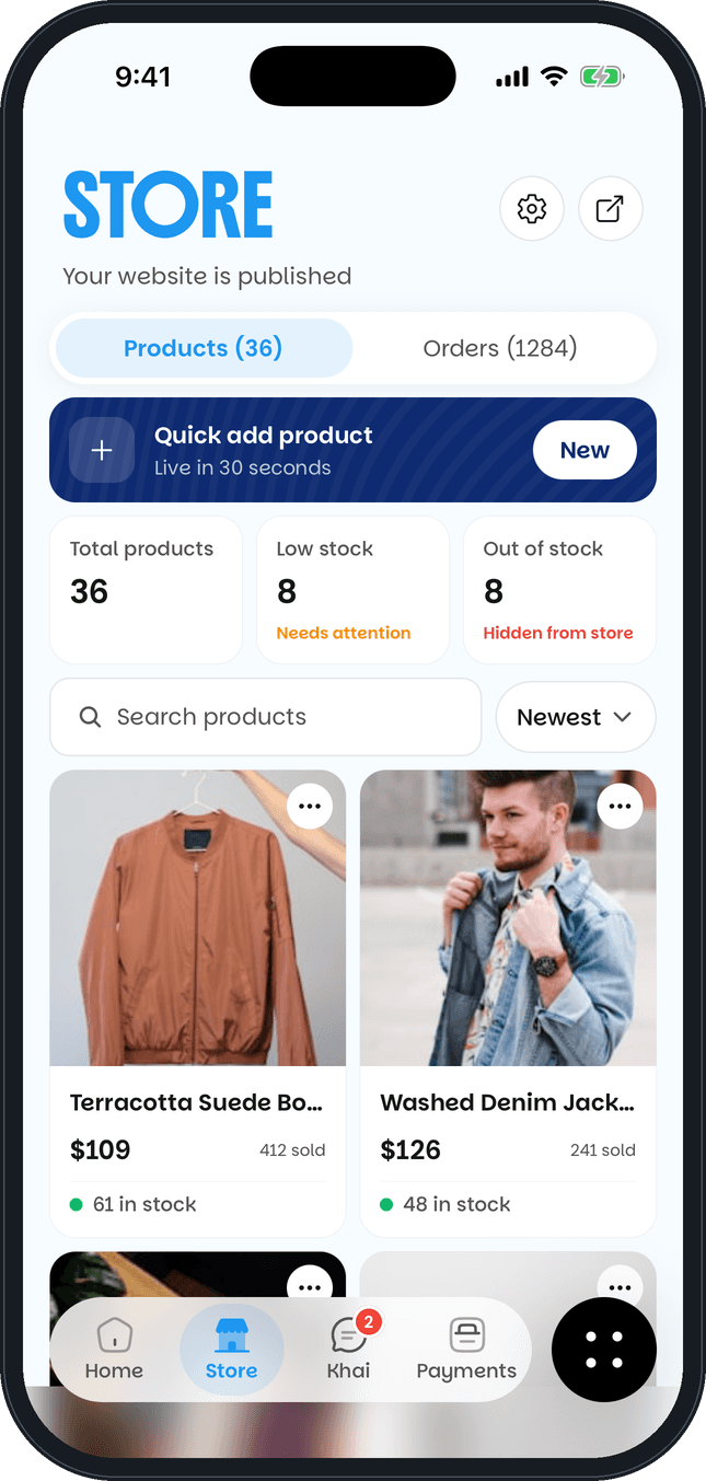 The Khaime app's Store screen with products, prices, units sold and stock